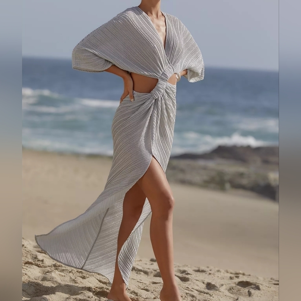 SUBOO Stevie Pleated Cross-Over Maxi Dress w Mini Shorts, Shimmer Gray, Medium